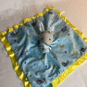 Goodnight Moon Lovey Bunny Baby Security Blanket Blue Yellow 16x16” Plush